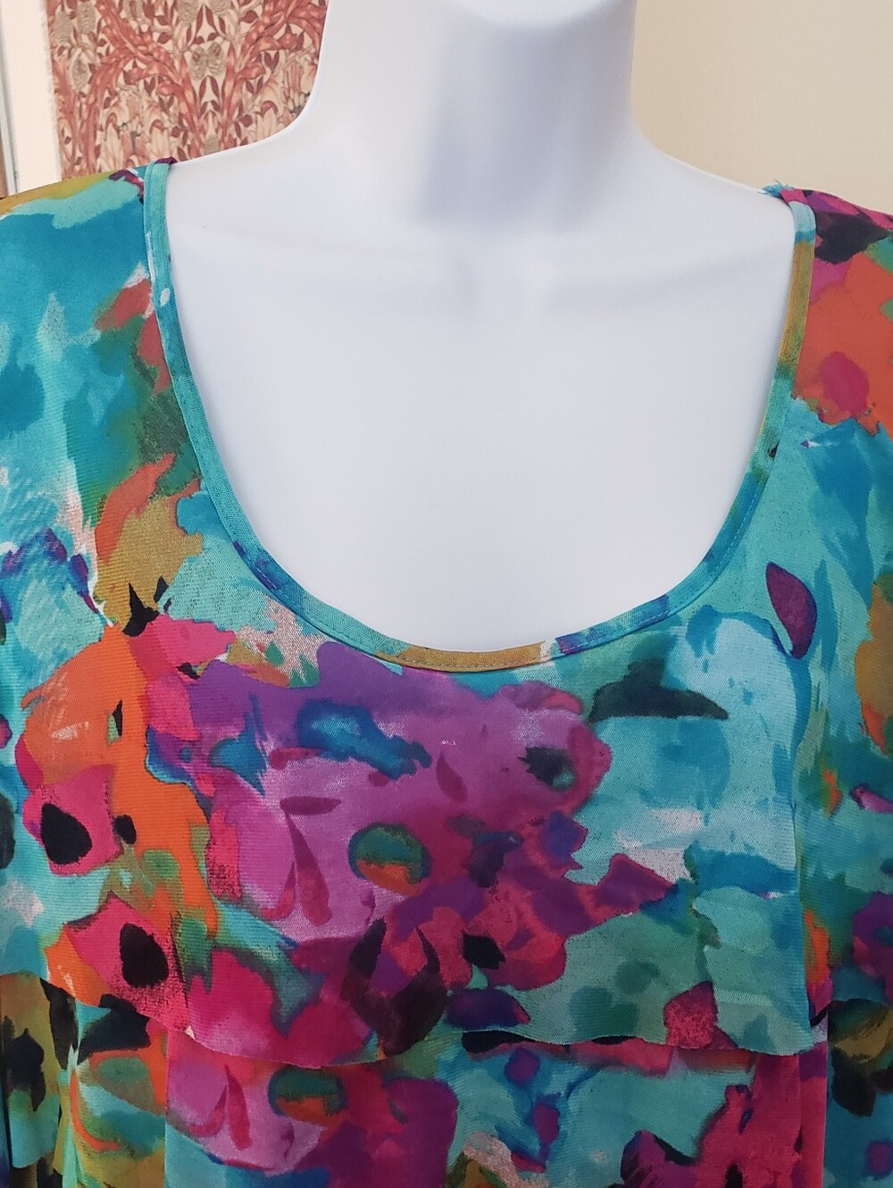 Fashion Bug, Tiered Scoop-Neck Women's Top, Aqua Multi, 26-28